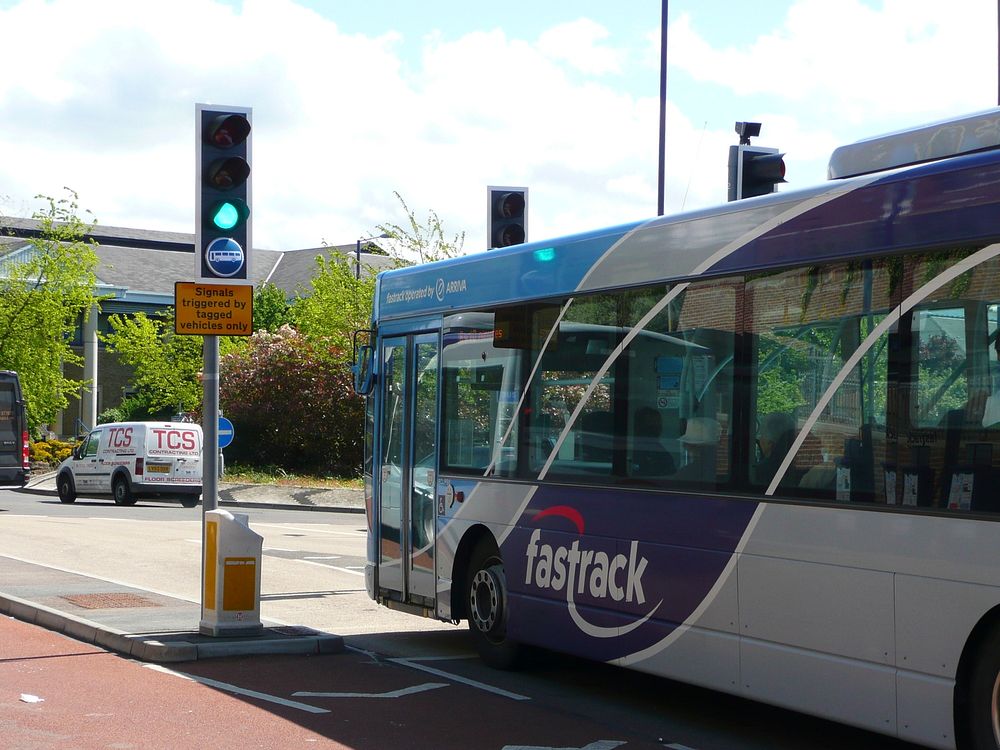 Kent Fastrack buses are equipped with transponders that actuate 'bus only' traffic signals.