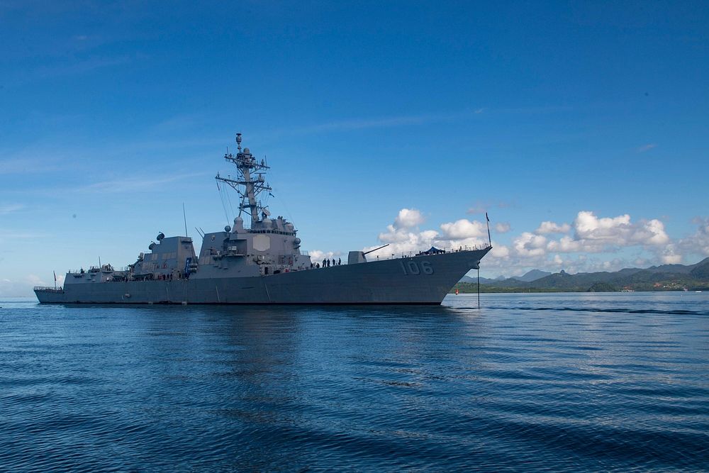 The guided-missile destroyer USS Stockdale (DDG 106) anchored in Suva, Fiji, for a port visit, May 1, 2019.