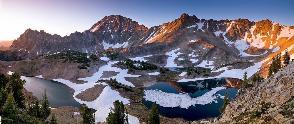 The high lakes of the Four Lakes basin in White Cloud Peaks, Sawtooth National Forest, Idaho hold ice and snow well into…