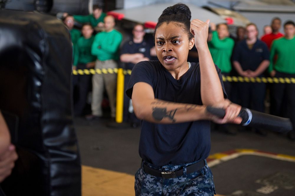 MEDITERRANEAN SEA (Jun 9,2018) Logistics Specialist Seaman Aaliyah Ritchie strikes a pad during a security training drill…