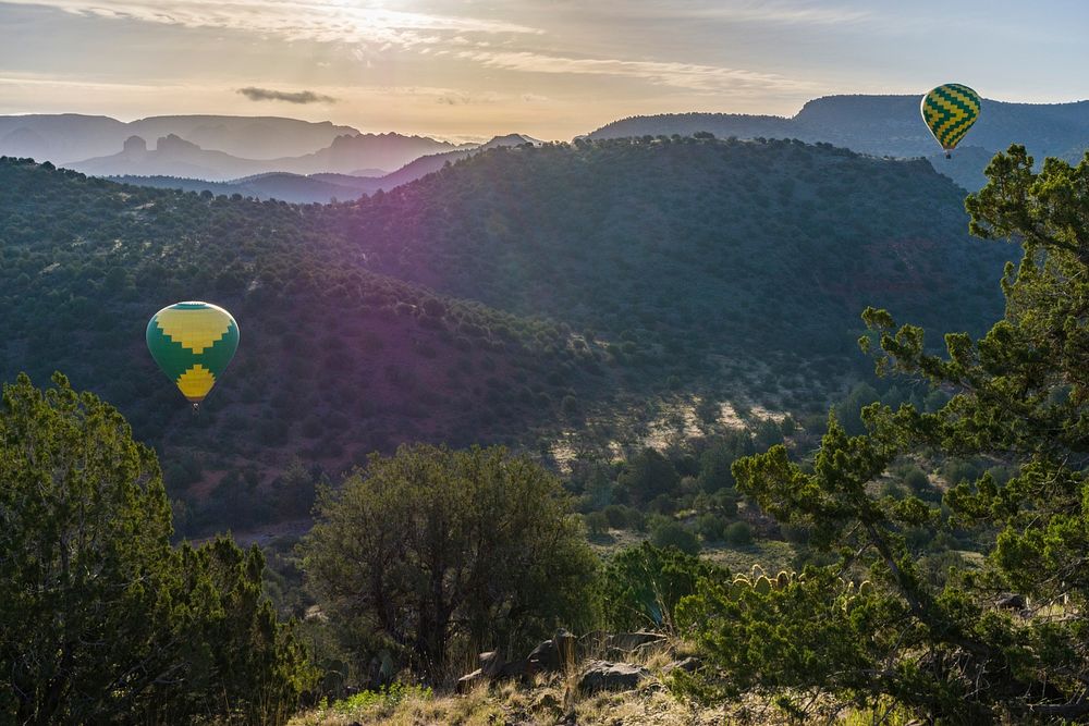 Hot air balloons are a frequent sight in the Sedona area of Coconino National Forest, Arizona.