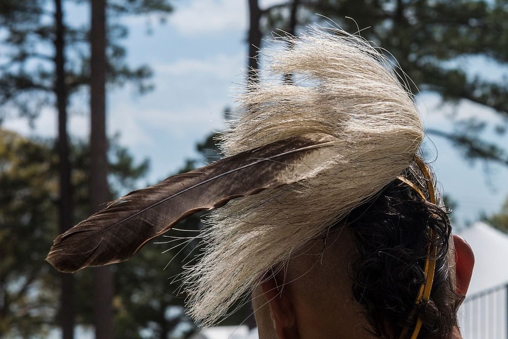 Head feathers of a Chickasaw Nation Dancer from Oklahoma, perform a Peace Song, Stomp Dance Song, and a Warrior Song, during…