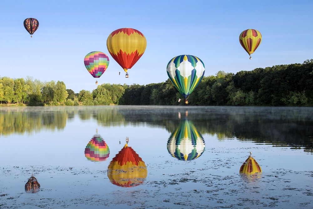 Hot air balloons on lake, | Free Photo - rawpixel