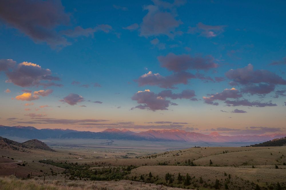 A sunset view of the Madison Mountain Range east of Ennis, Montana and the Beaverhead-Deerlodge National Forest.