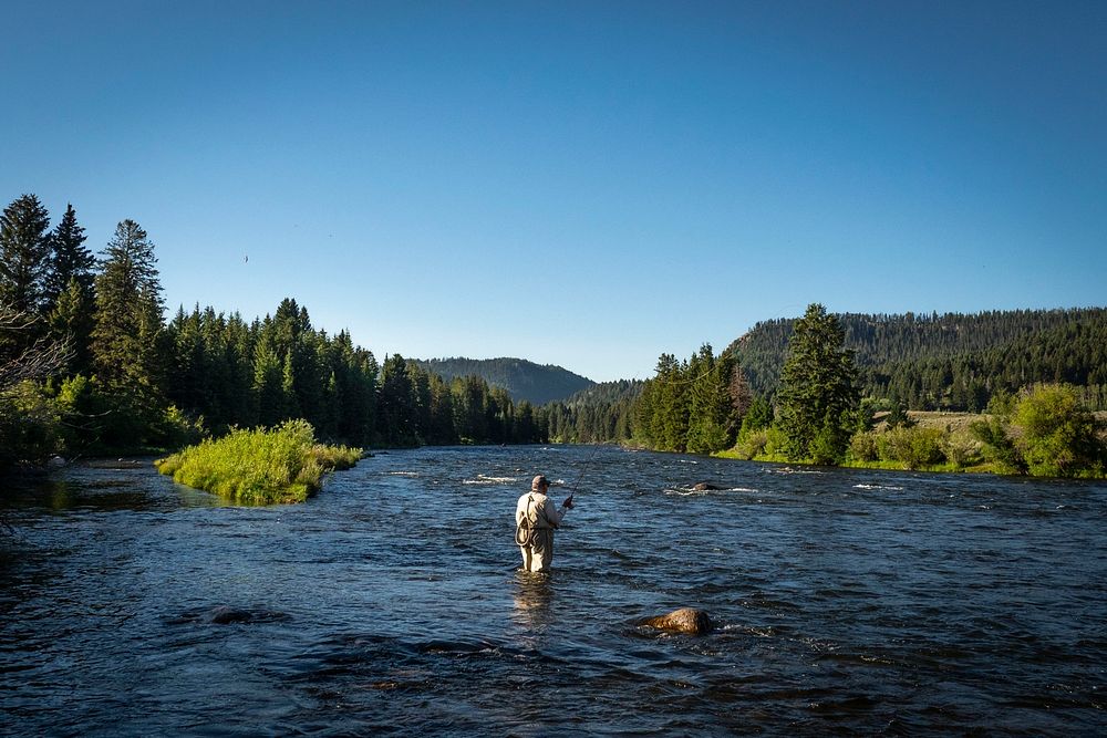 A man fishes the Madison River in the Beaverhead-Deerlodge National Forest south of Ennis, Montana.