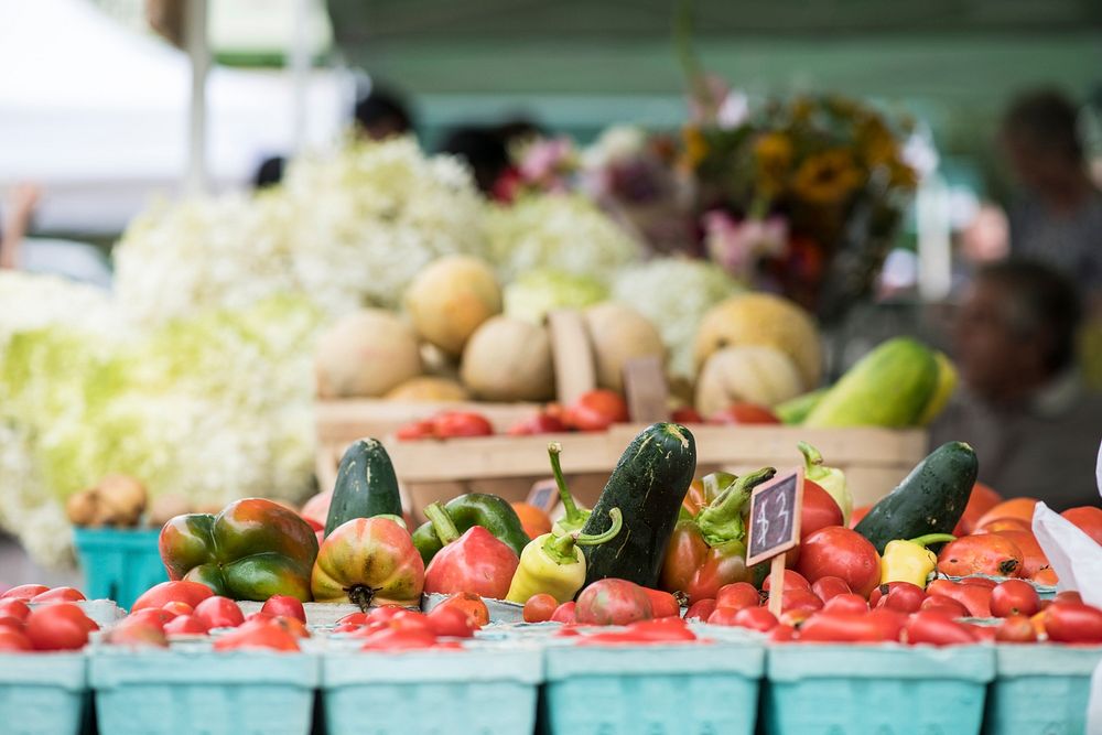 Mixed produce and flowers are some of the products found at the U.S. Department of Agriculture (USDA) Farmers Market in…