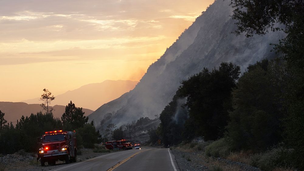 Valley Fire sunset during initial attack of the Valley Fire. Original public domain image from Flickr