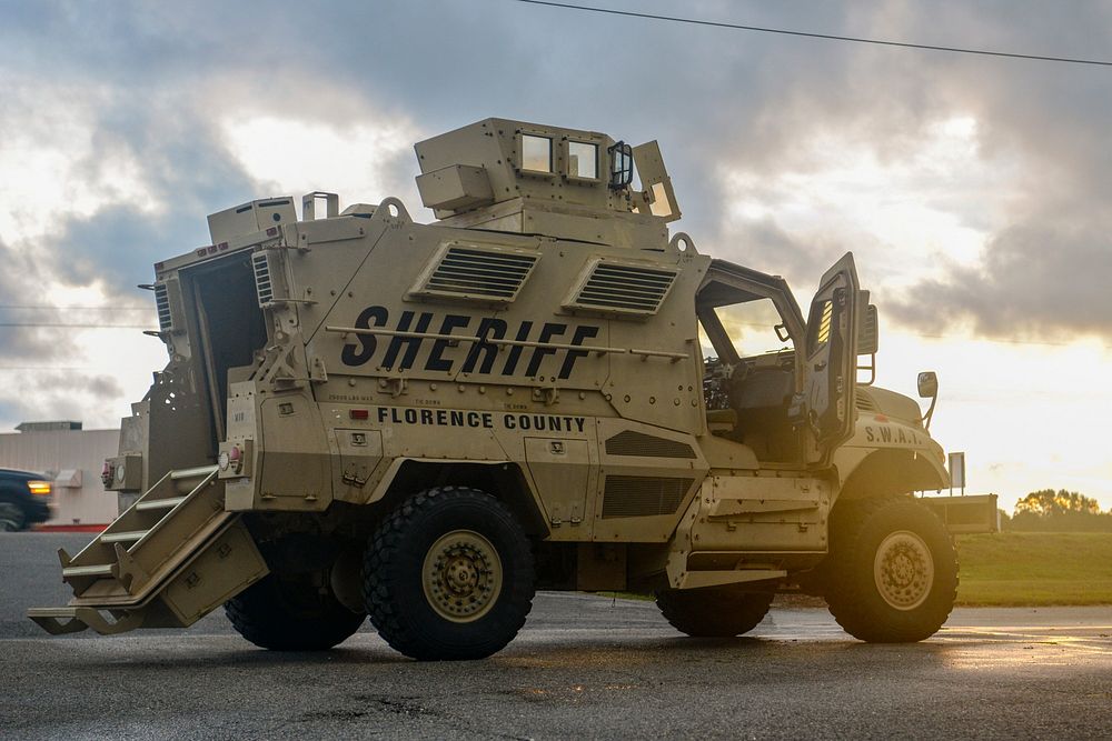 A Florence County, S.C., Sheriff&rsquo;s Department Special Weapons and Tactics vehicle during evacuation efforts as the…