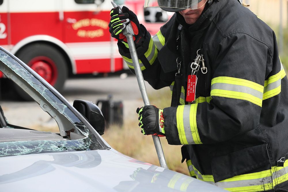 A New Jersey Department of Military and Veterans Affairs firefighter trains with extraction gear on Atlantic City Air…