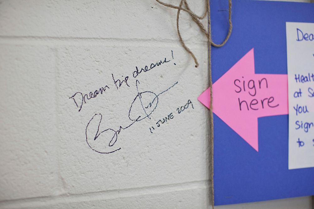 President Barack Obama's signature is seen a health classroom wall at Southwest High School in Green Bay, Wisc., June 11…