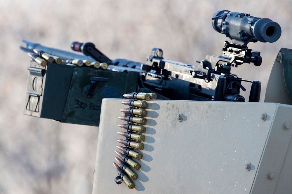 A M2A1 machine gun is ready for use by Army paratroopers assigned to A Troop, 1st Squadron (Airborne), 40th Cavalry Regiment…