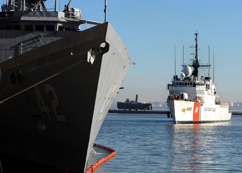 USCGC Spencer (WMEC 905) pulls into Montevideo, Uruguay, May 7, 2010, behind the guided-missile frigate USS Klakring (FFG…