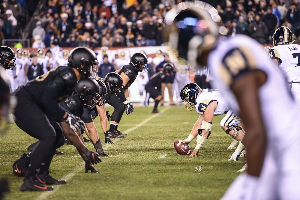 The U.S. Military Academy West Point defensive line prepares for a play during the 119th Army-Navy Game in Philadelphia Dec.…