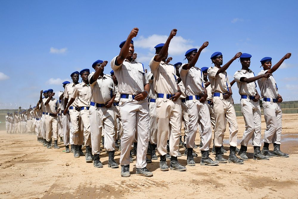 Newly recruited HirShabelle State Police personnel on parade during a passing out ceremony to mark the completion of…