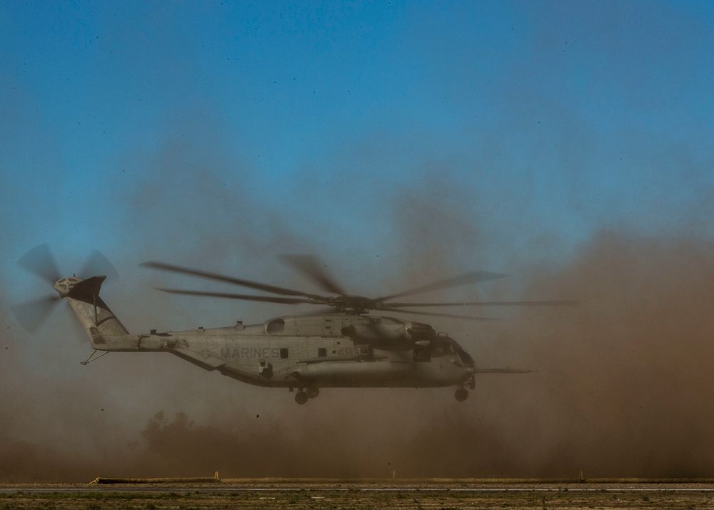 A U.S. Marine Corps CH-53E helicopter with Marine Heavy Helicopter Squadron (HMH) 361 prepares to depart from the Airport in…