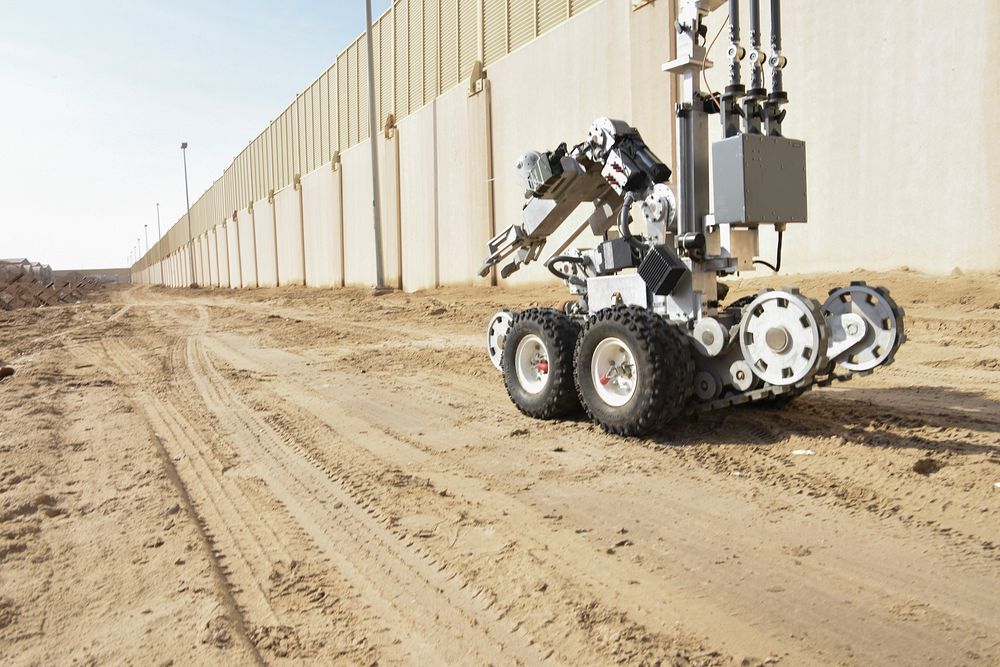 A U.S. Air Force explosive ordnance disposal (EOD) robot with the 380th Expeditionary Civil Engineer Squadron EOD flight…