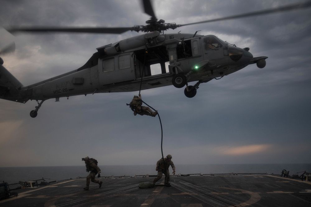 U.S. Coast Guard Maritime Security Reaction Team members rappel onto the flight deck of the guided-missile destroyer USS…