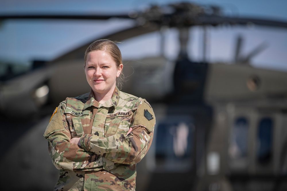 U.S. Army Sgt. Danielle Swan, a helicopter mechanic with the New Jersey Army National Guard's 1-150th Assault Helicopter…