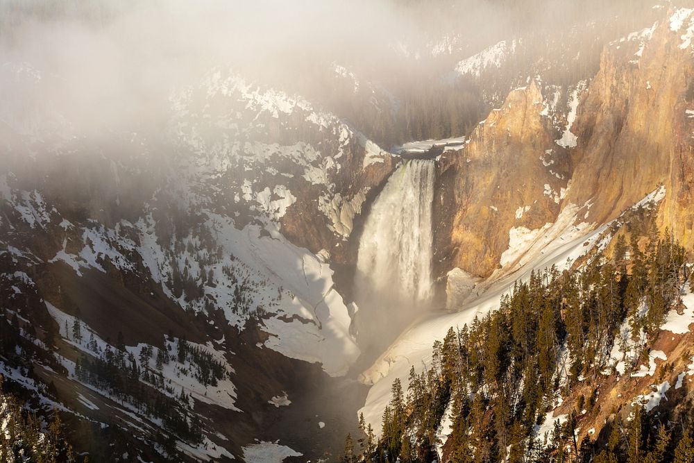 Lower Falls through the clouds. Original public domain image from Flickr