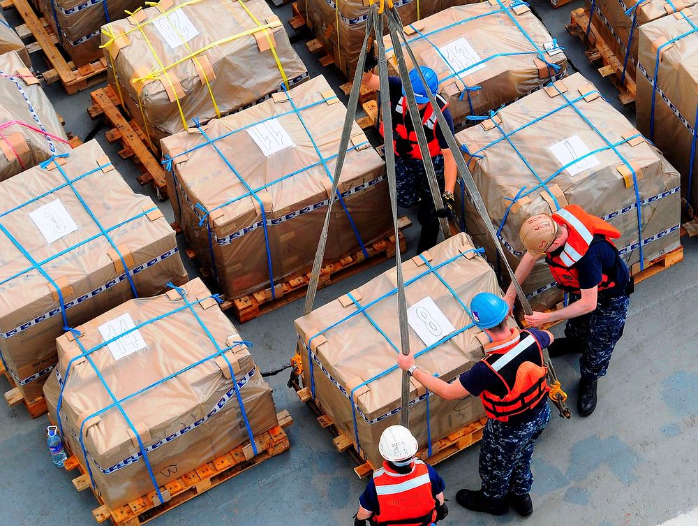 Sailors Secure a Pallet of Medical Supplies