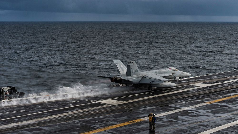 F/A-18E Super Hornet assigned to the “Tomcatters” of Strike Fighter Squadron (VFA) 31, launches from the flight deck of the…
