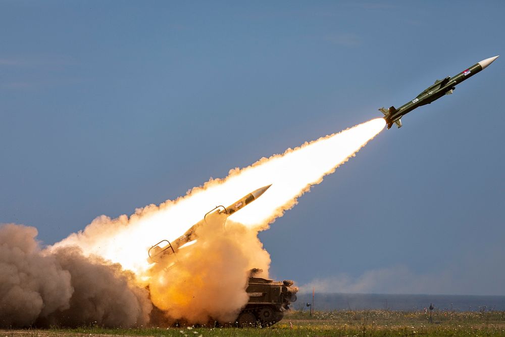A 2K12 Kub mobile surface-to-air missile system fires during the multinational live-fire training exercise Shabla 19, in…