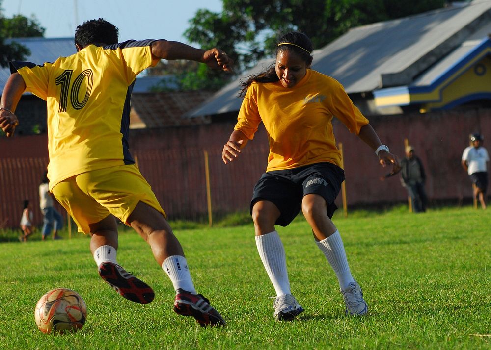 Lt. j.g. Persad Plays Defense During a Soccer Match