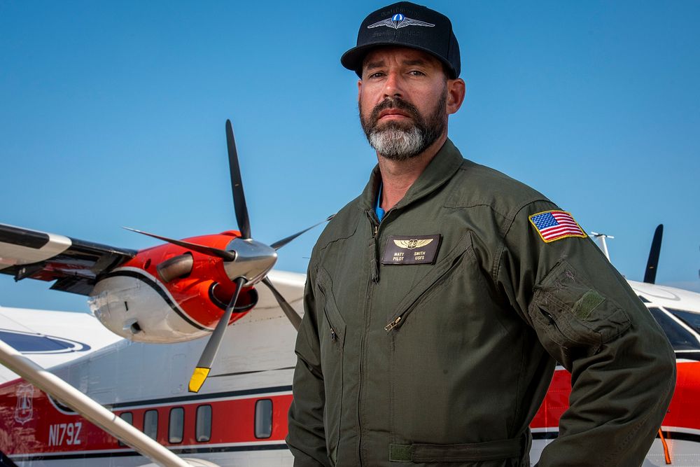 U.S. Forest Service pilot Matt Smith in front of the Short C-23A “Sherpa” during the 2019 EAA AirVenture Oshkosh July 27…
