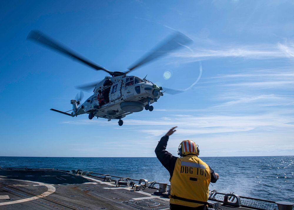 ATLANTIC OCEAN (Sept. 16, 2019) An NH90 helicopter from the Royal Netherlands navy frigate HNLMS Van Speijk (F 828) takes…