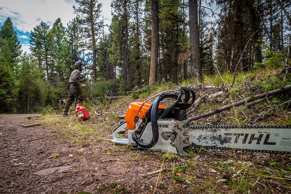 U.S. Forest Service Pintler Ranger District Initial Attack Crewmembers clear smaller timber near the road to improve line of…
