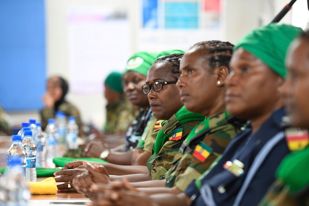 Female military and police officers from the African Union Mission in Somalia (AMISOM) attend a Female Engagement Team (FET)…