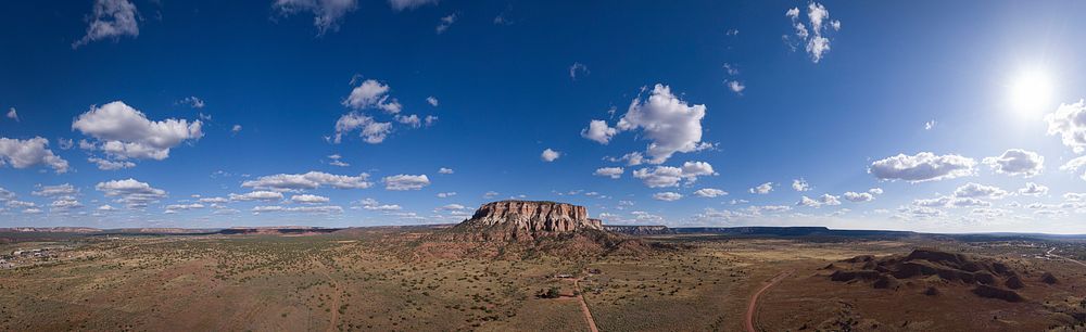 Aerial panorama, Dowa Yalanne near Black Rock (left) and Zuni (right), NM, on September 9, 2019.