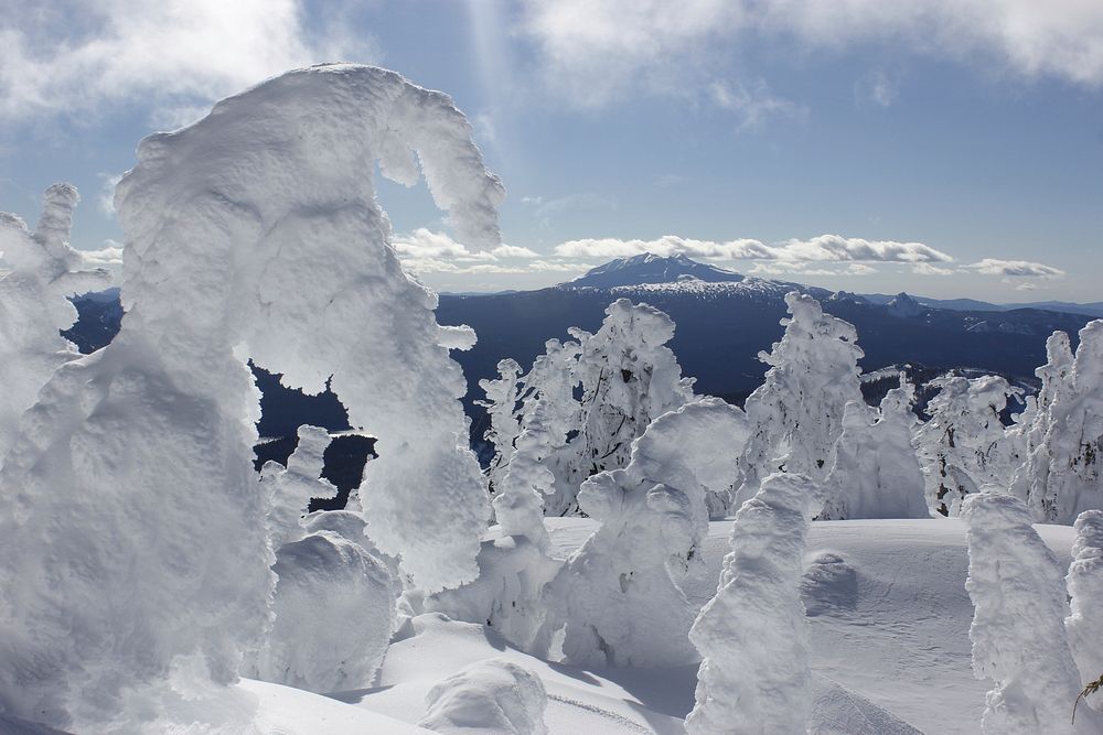 Frozen landscape near the summit of Maiden Peak with Diamond Peak in the background on the Willamette National Forest. Photo…