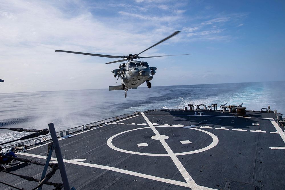 MEDITERRANEAN SEA (Dec. 8, 2019) &ndash; An MH-60S Sea Hawk helicopter, attached to the &ldquo;Dragon Slayers&rdquo; of…