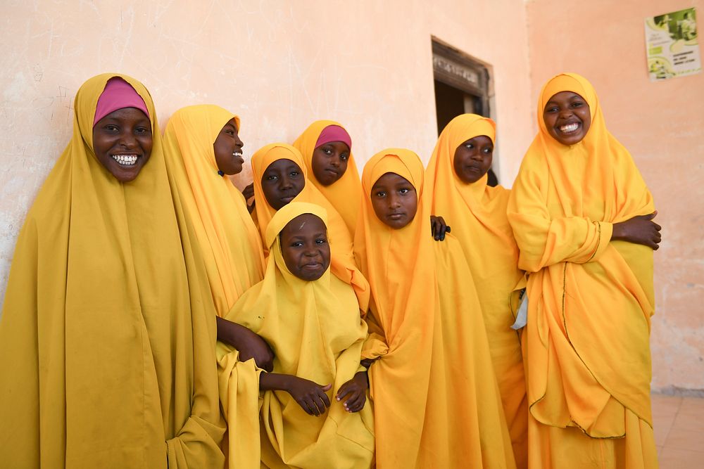 Grade 7 students pose for a group photo at Mohamud Hilowle Primary and Secondary School during a break time in Wadajir…