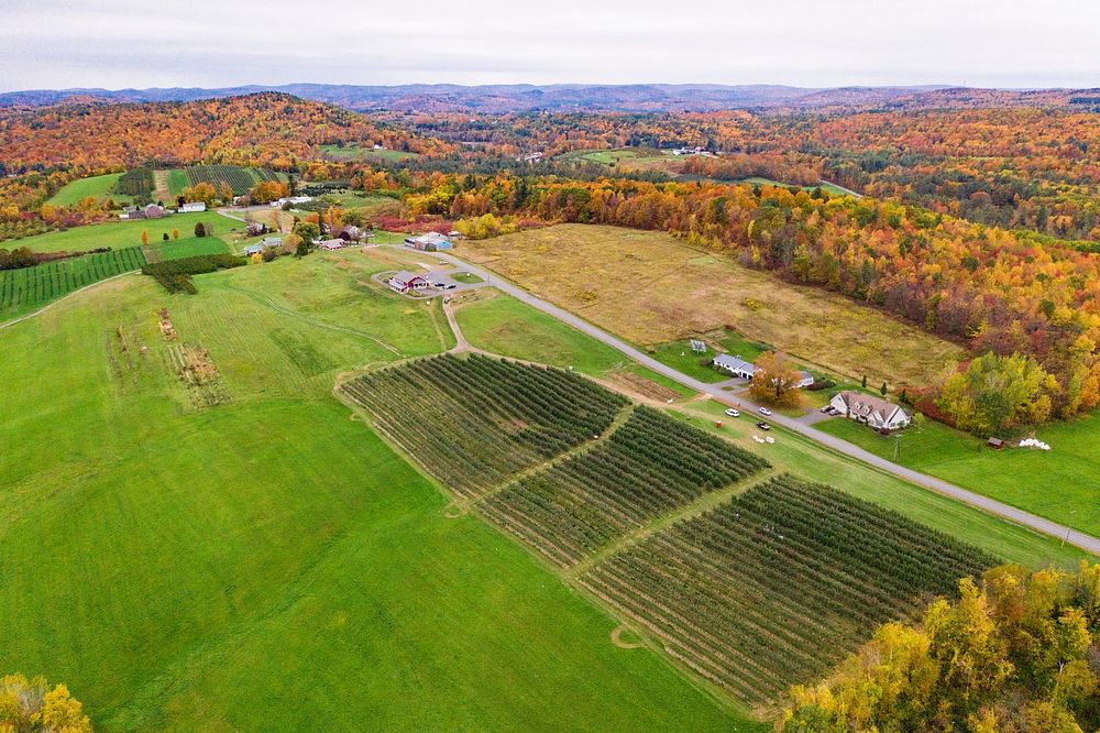Aerial view of Apex Farm apple orchards in Shelburne, Massachusetts, on October 16, 2019. USDA Photo by Lance Cheung.…