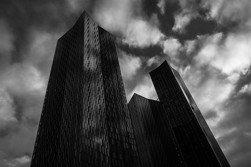 Building on cloudy day, monotone. Original public domain image from Flickr