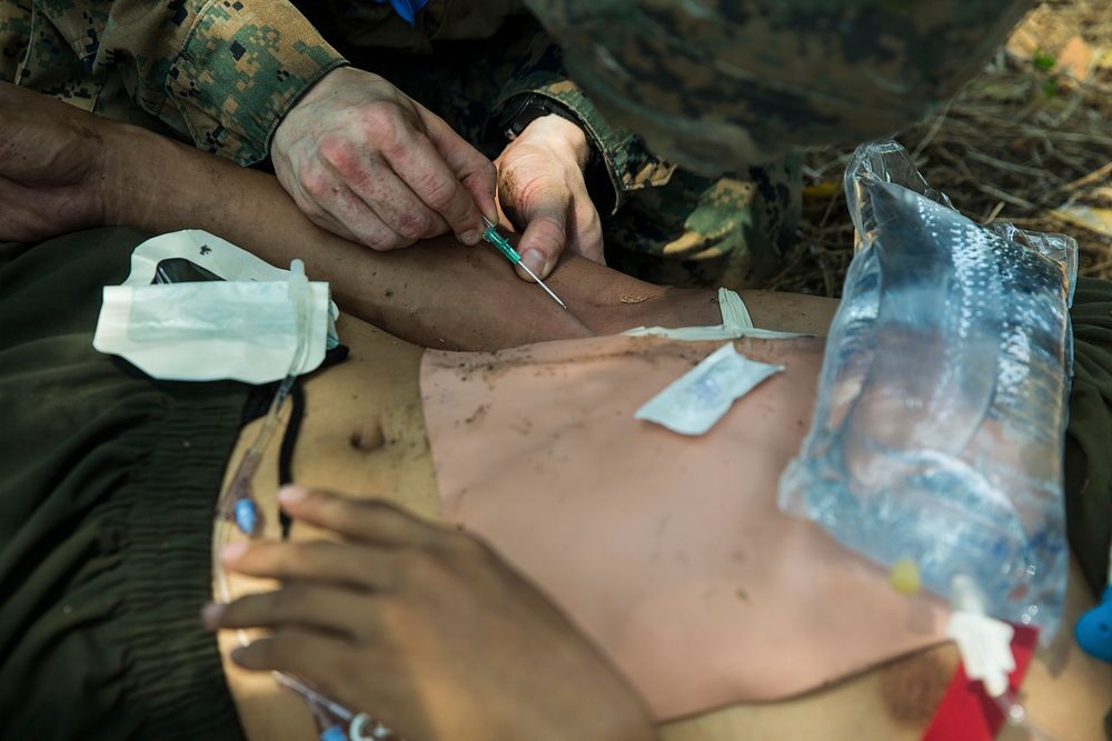 U.S. Navy Hospitalman 3rd Class Bradley Gannon, with the 31st Marine Expeditionary Unit, applies an intravenous needle to…