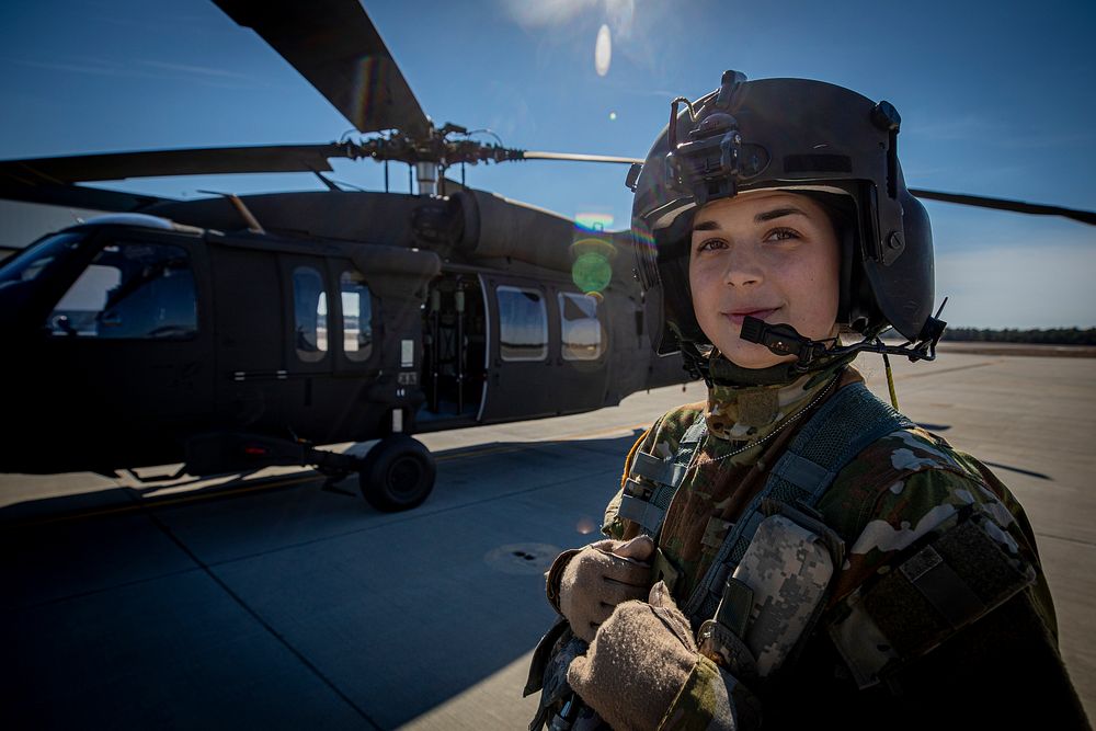 U.S. Army 1st Lt. Larissa Fluegel stands for a portrait before a flight at the Army Aviation Support Facility on Joint Base…