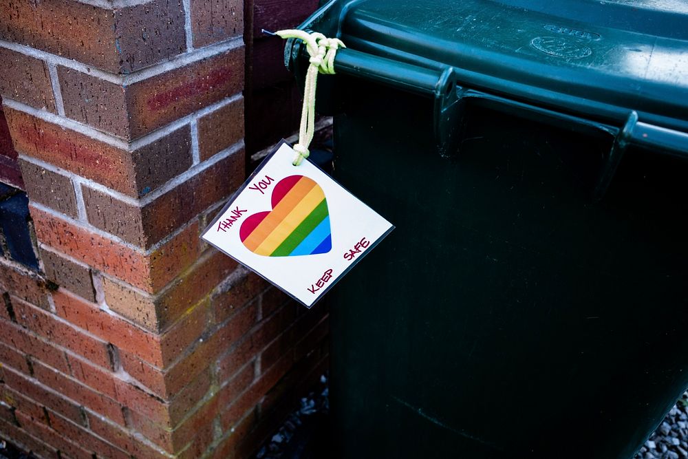 Cute LGBTQ thank you card on trash bin. Original public domain image from Flickr
