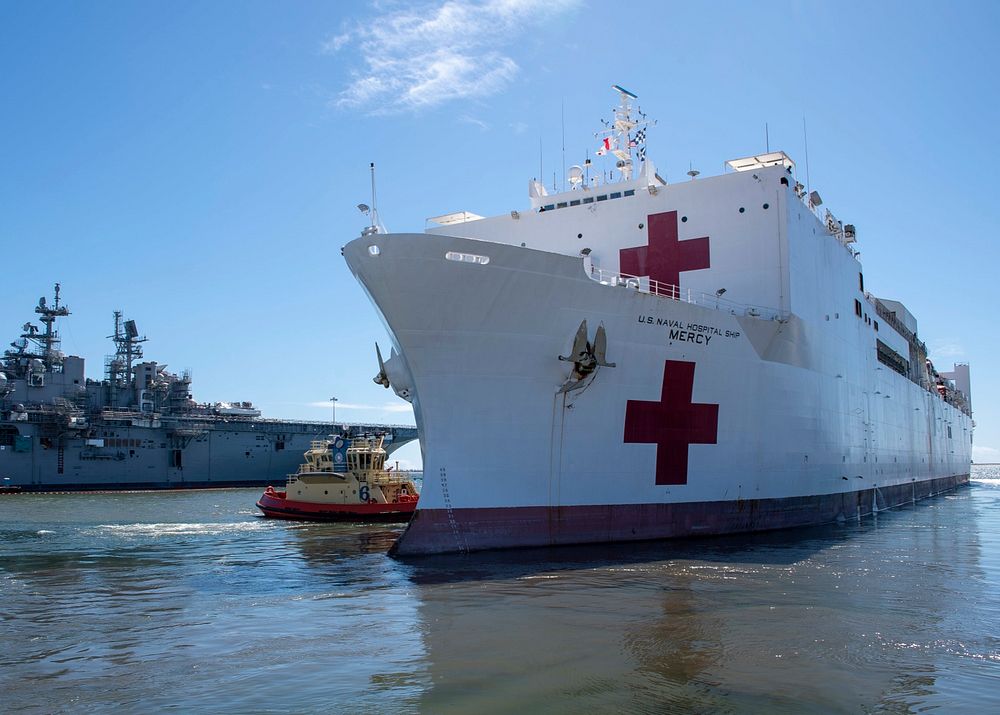 200323-N-DC385-2231 SAN DIEGO (March 23, 2020) The hospital ship USNS Mercy (T-AH 19) departs Naval Base San Diego March 23.