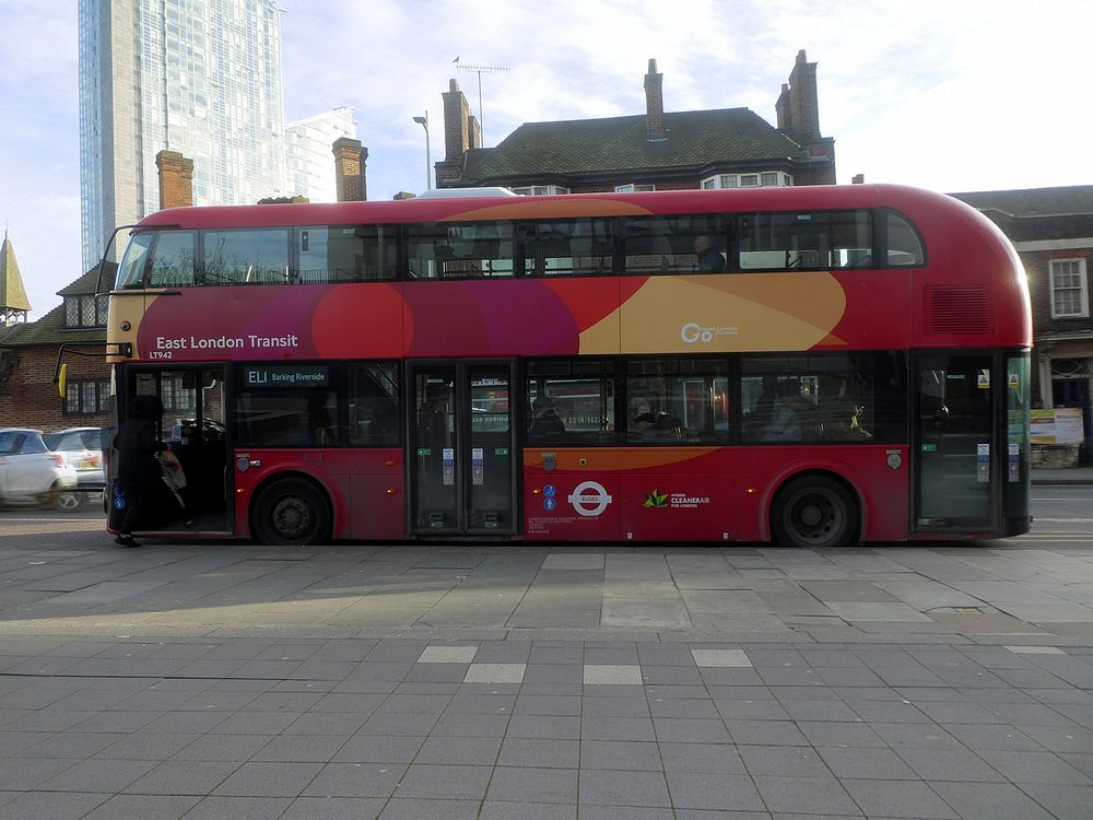 Route branded New Routemaster buses on the East London Transit bus service in Ilford.