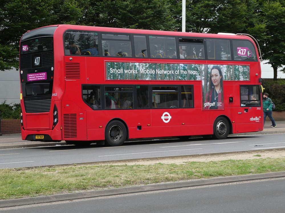 Westbound west London colour-coded route branded bus on the A4020 Uxbridge Road. Original public domain image from Flickr