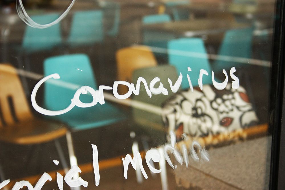 Coronavirus word printed on the window glass. Free public domain CC0 photo