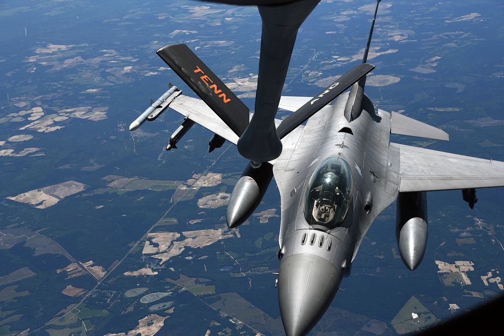 U.S. Air National Guard F-16 Fighting Falcon fighter jet. Original public domain image from Flickr
