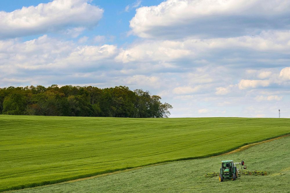 A farmer harvests hay a Carroll County, Md., field May 12, 2020.USDA/FPAC video by Preston Keres. Original public domain…