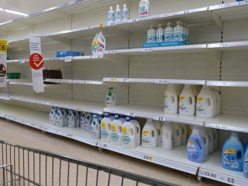 Empty shelves in a supermarket during the spring 2020 Covid-19 pandemic.