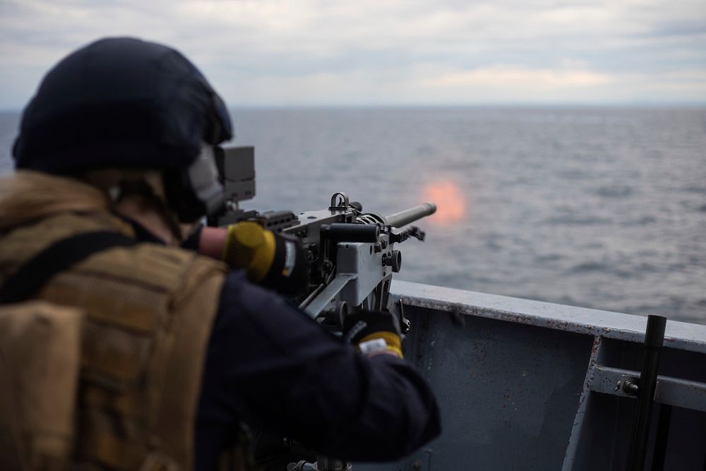 BALTIC SEA (June 11, 2020) Sailors onboard Royal Norwegian Navy HNOMS Otra (M351) train on a 12.7mm gun during BALTOPS 2020…