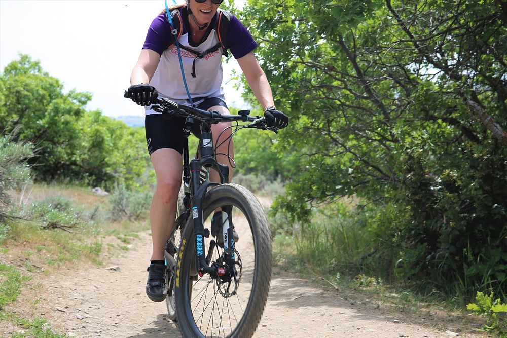 A female biker on the Bonneville Shoreline trail on the Uinta-Wasatch-Cache National Forest on May 10, 2020. (Forest Service…