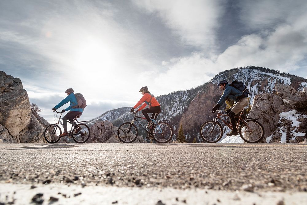 Cyclists in Yellowstone National Park. Spring biking in Yellowstone National Park. NPS / Jacob W. Frank. Original public…